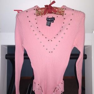 Pink/Coral V-Deck Studded Detail Sweater